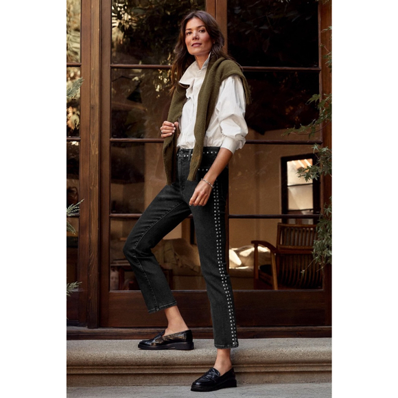 Women's GOOD AMERICAN Black Studded Straight Leg Jeans Size 2 - Picture 4 of 9